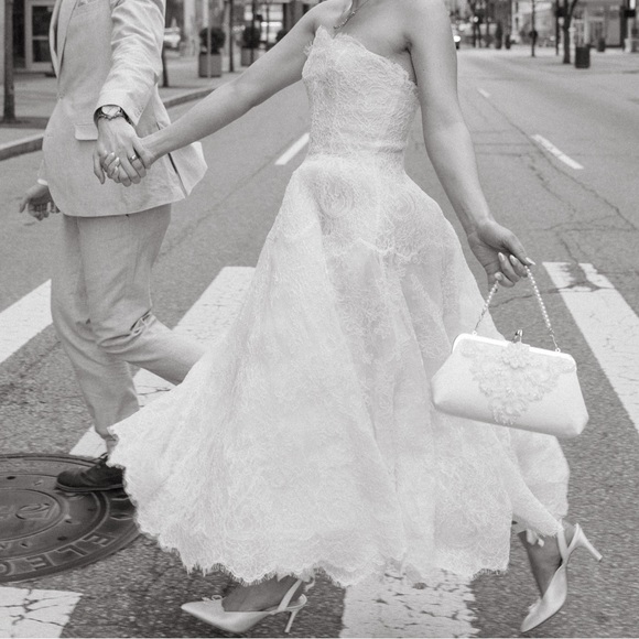 Bespoke Dresses & Skirts - Bespoke White Lace Midi Dress with Scalloped Hem